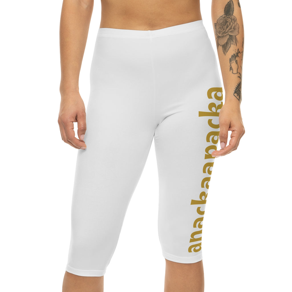 Women's White Capri Leggings with Gold Vertical Anacka Apacka Graphic